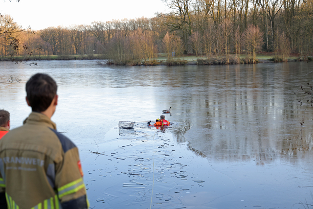 Brandweer redt gewonde eend van het ijs aan de Hoefsvenlaan Waalwijk